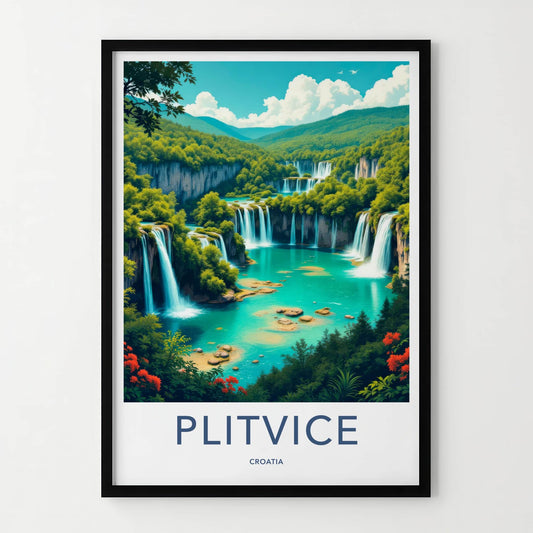Plitvice Poster - Croatia Art Print - Layered Turquoise Waterfalls Home Decor