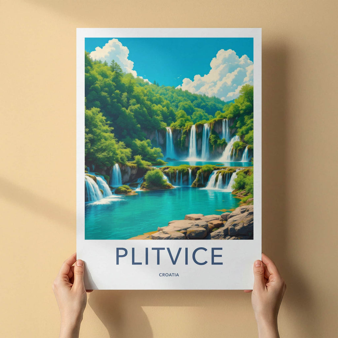 Plitvice Poster - Croatia Travel Art - Cascading Turquoise Water Home Decor
