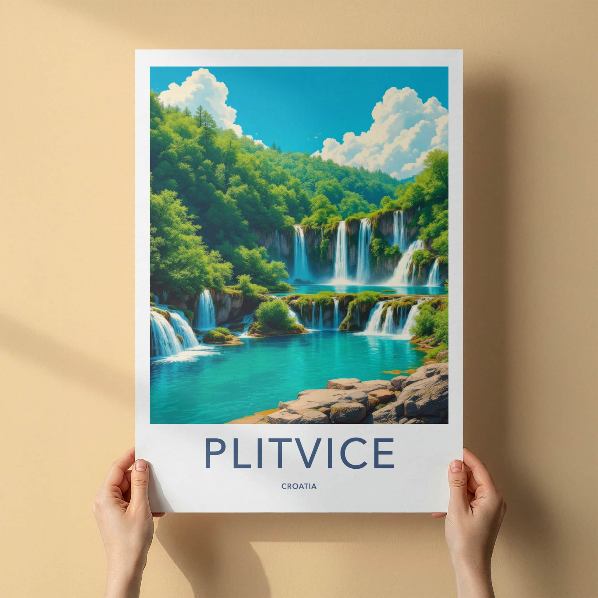 Plitvice Poster - Croatia Travel Art - Cascading Turquoise Water Home Decor