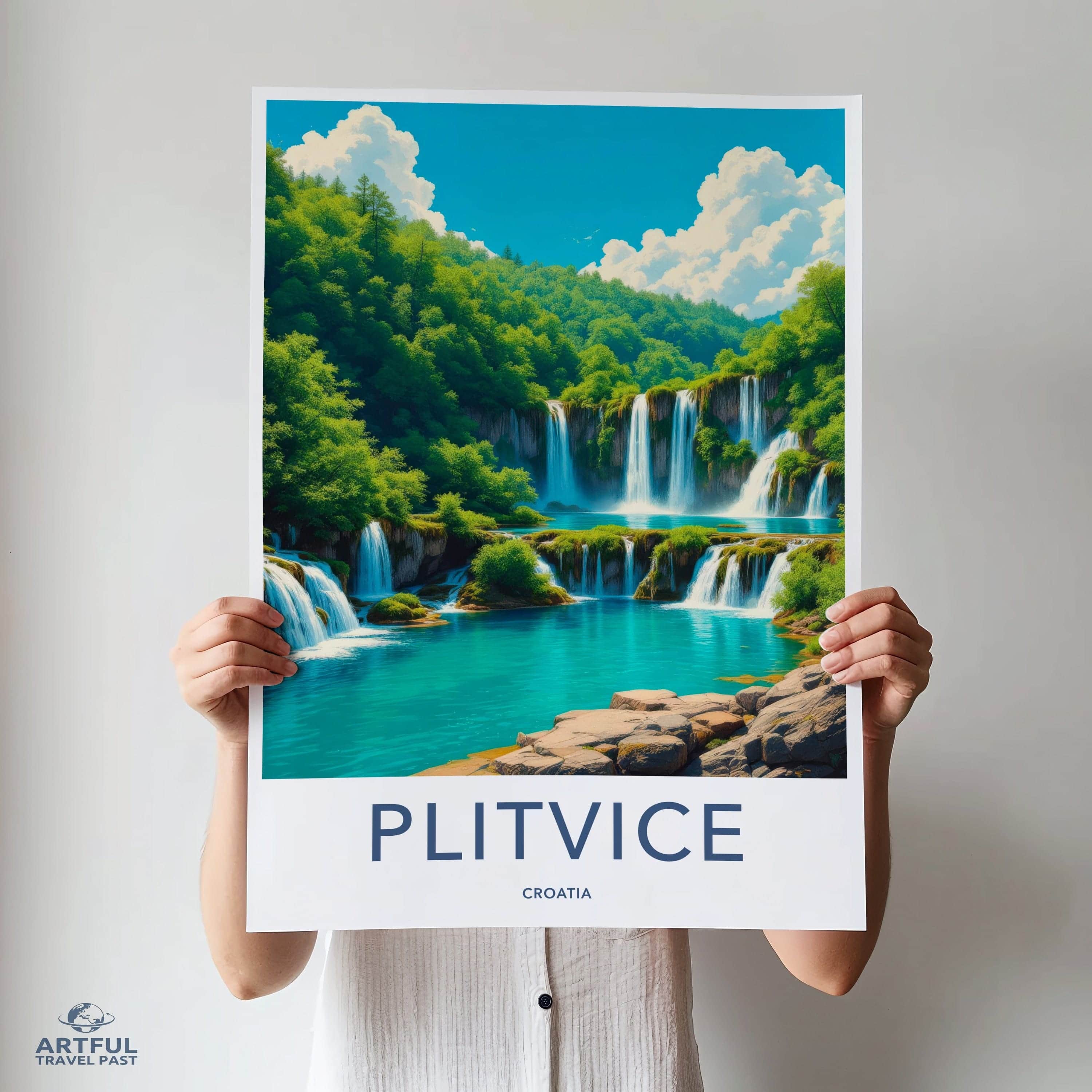Plitvice Poster - Croatia Travel Art - Cascading Turquoise Water Home Decor