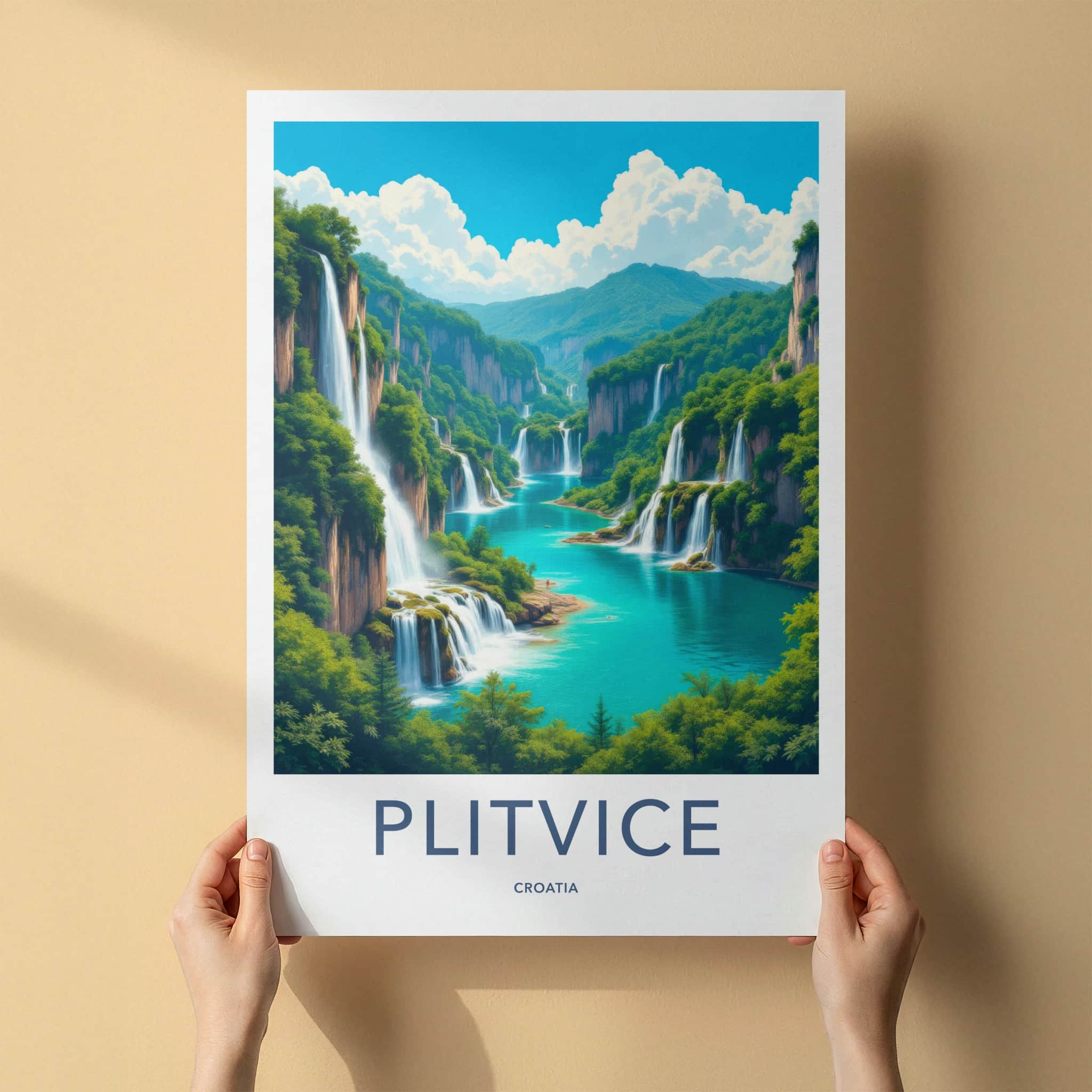 Plitvice Poster - Croatia Travel Art - Cascading Water Turquoise Lakes Wall Decor