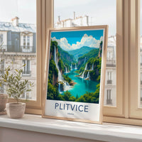 Plitvice Poster - Croatia Travel Art - Cascading Water Turquoise Lakes Wall Decor