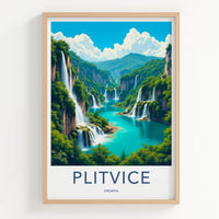 Plitvice Poster - Croatia Travel Art - Cascading Water Turquoise Lakes Wall Decor