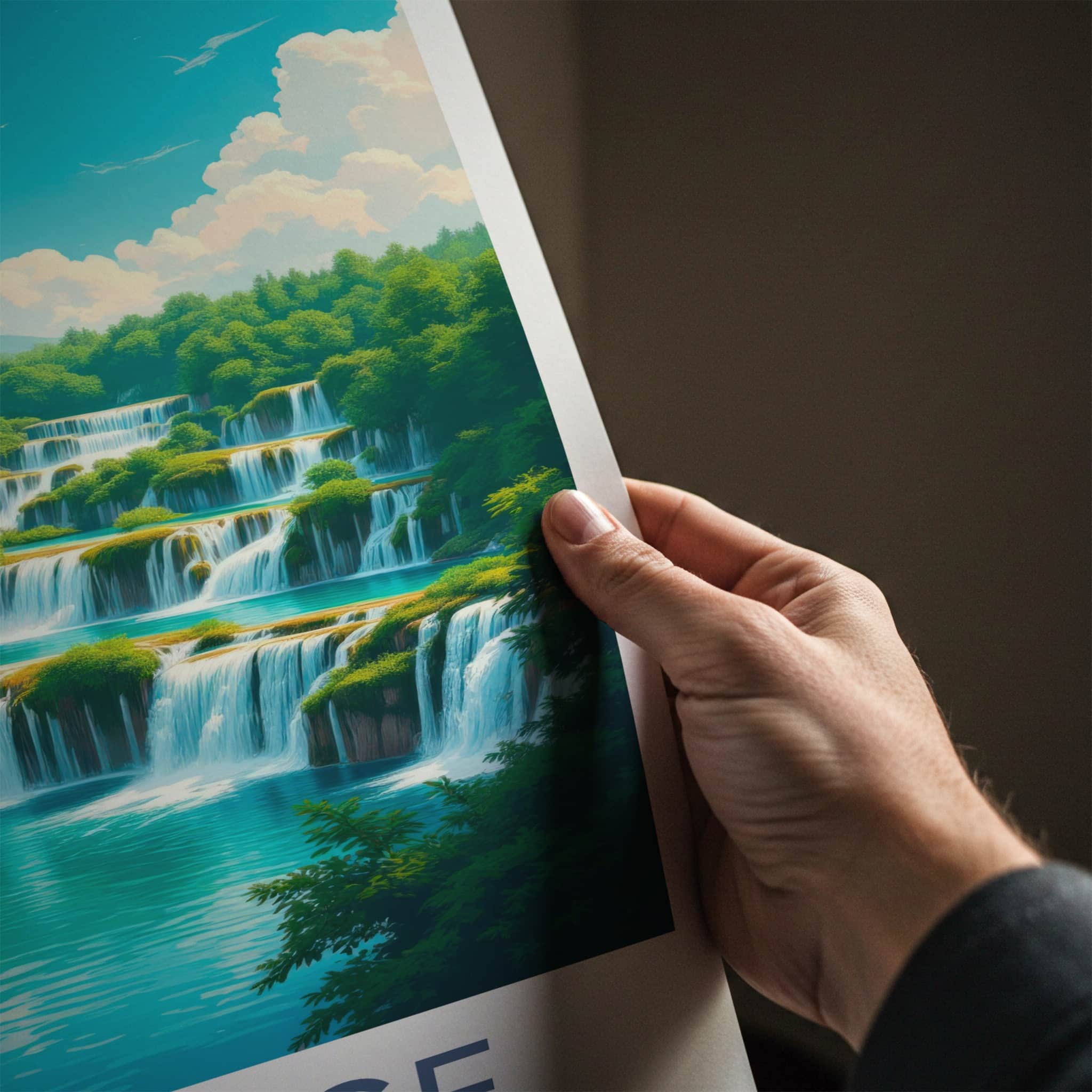Plitvice Poster - Croatia Travel Art - Tiered Blue Waterfalls Home Decor