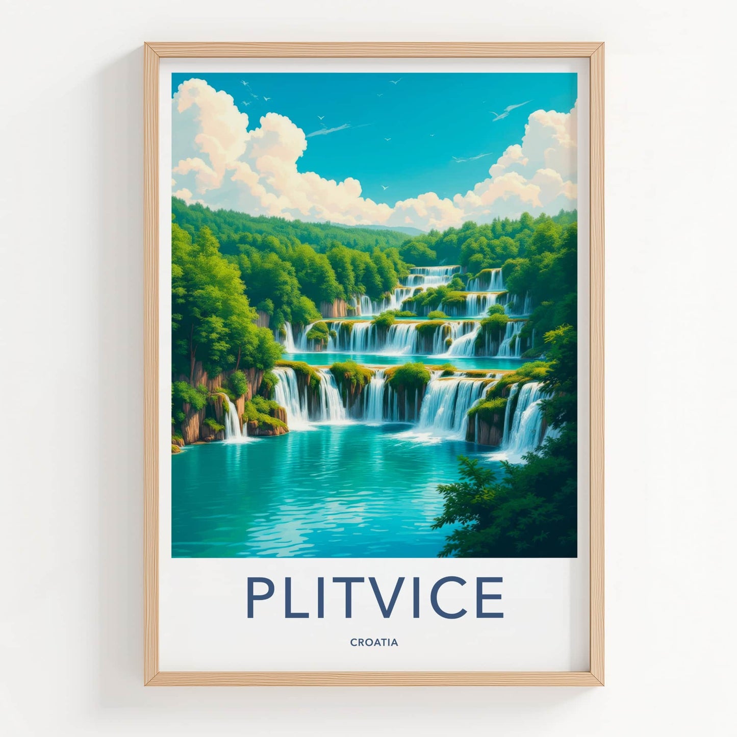 Plitvice Poster - Croatia Travel Art - Tiered Blue Waterfalls Home Decor
