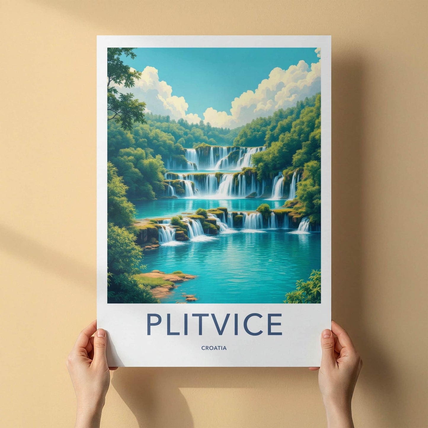 Plitvice Poster - Croatia Travel Art - Tiered Waterfalls Blue Lakes Home Decor