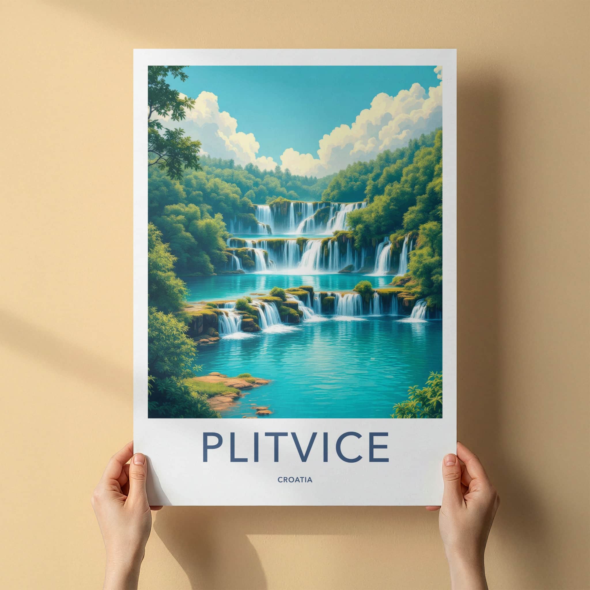 Plitvice Poster - Croatia Travel Art - Tiered Waterfalls Blue Lakes Home Decor