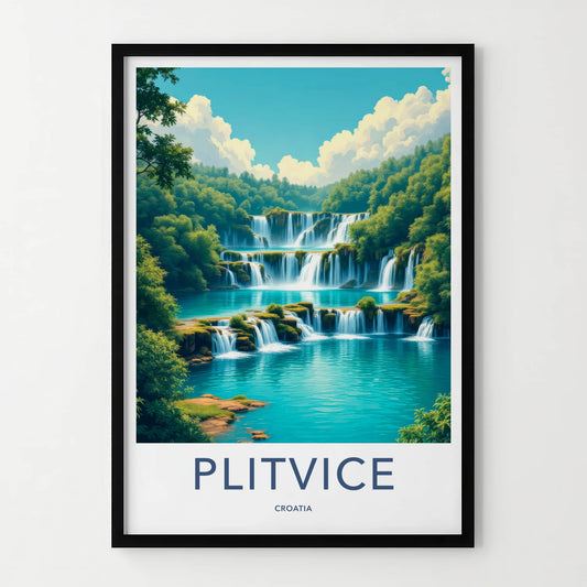 Plitvice Poster - Croatia Travel Art - Tiered Waterfalls Blue Lakes Home Decor