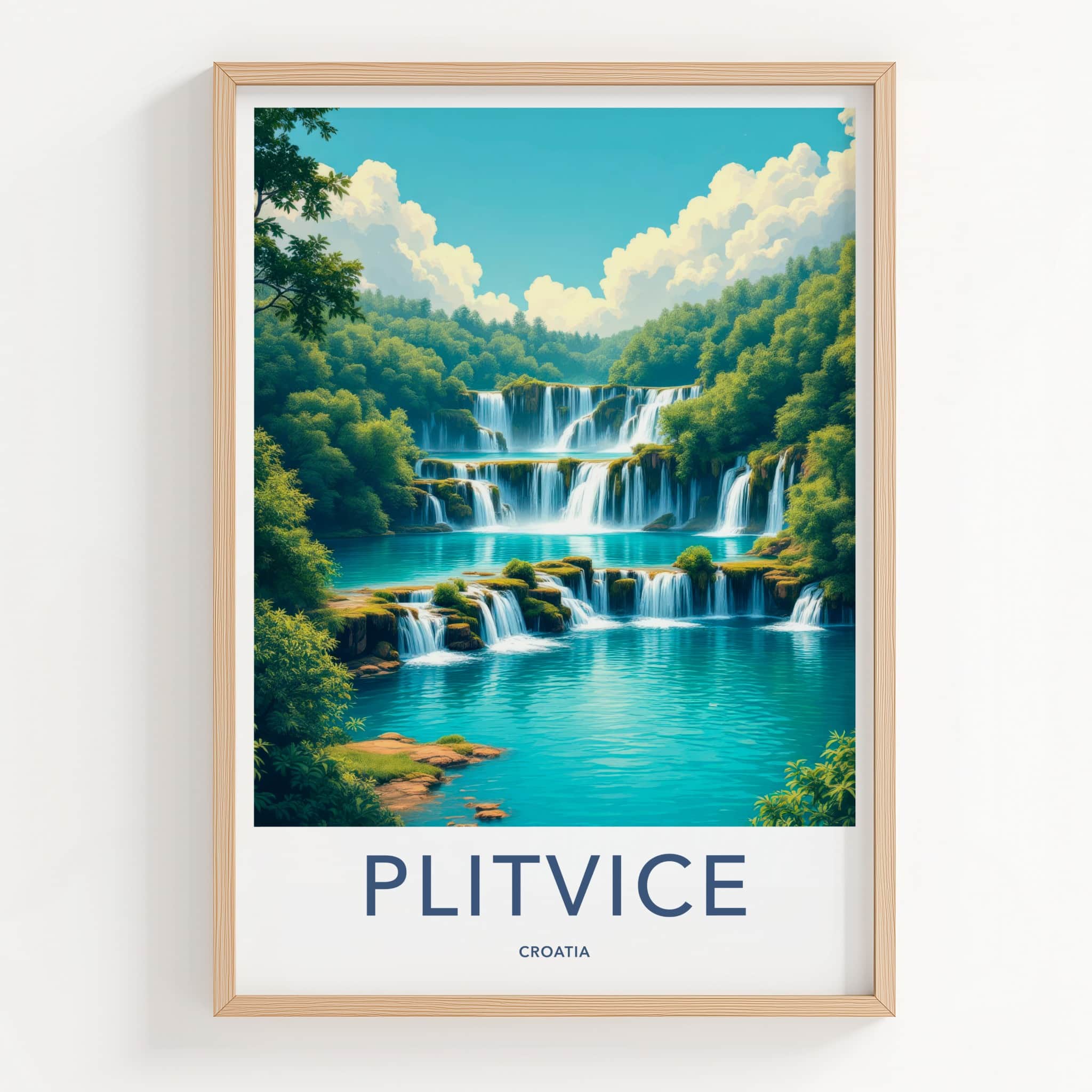 Plitvice Poster - Croatia Travel Art - Tiered Waterfalls Blue Lakes Home Decor