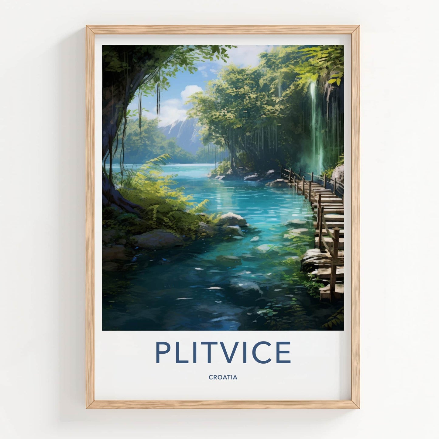 Plitvice Poster - Croatia Travel Art - Wooden Path Waterfall Home Decor