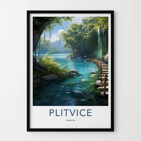 Plitvice Poster - Croatia Travel Art - Wooden Path Waterfall Home Decor