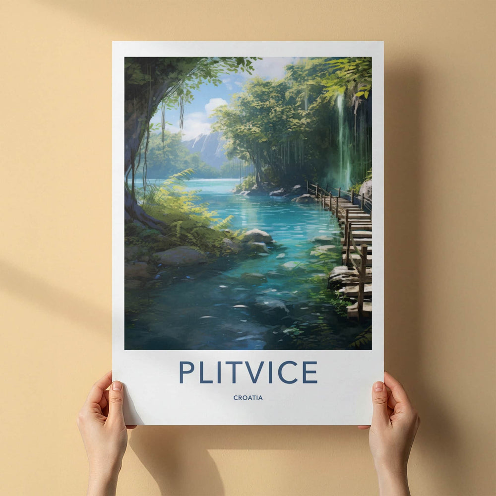 Plitvice Poster - Croatia Travel Art - Wooden Path Waterfall Home Decor