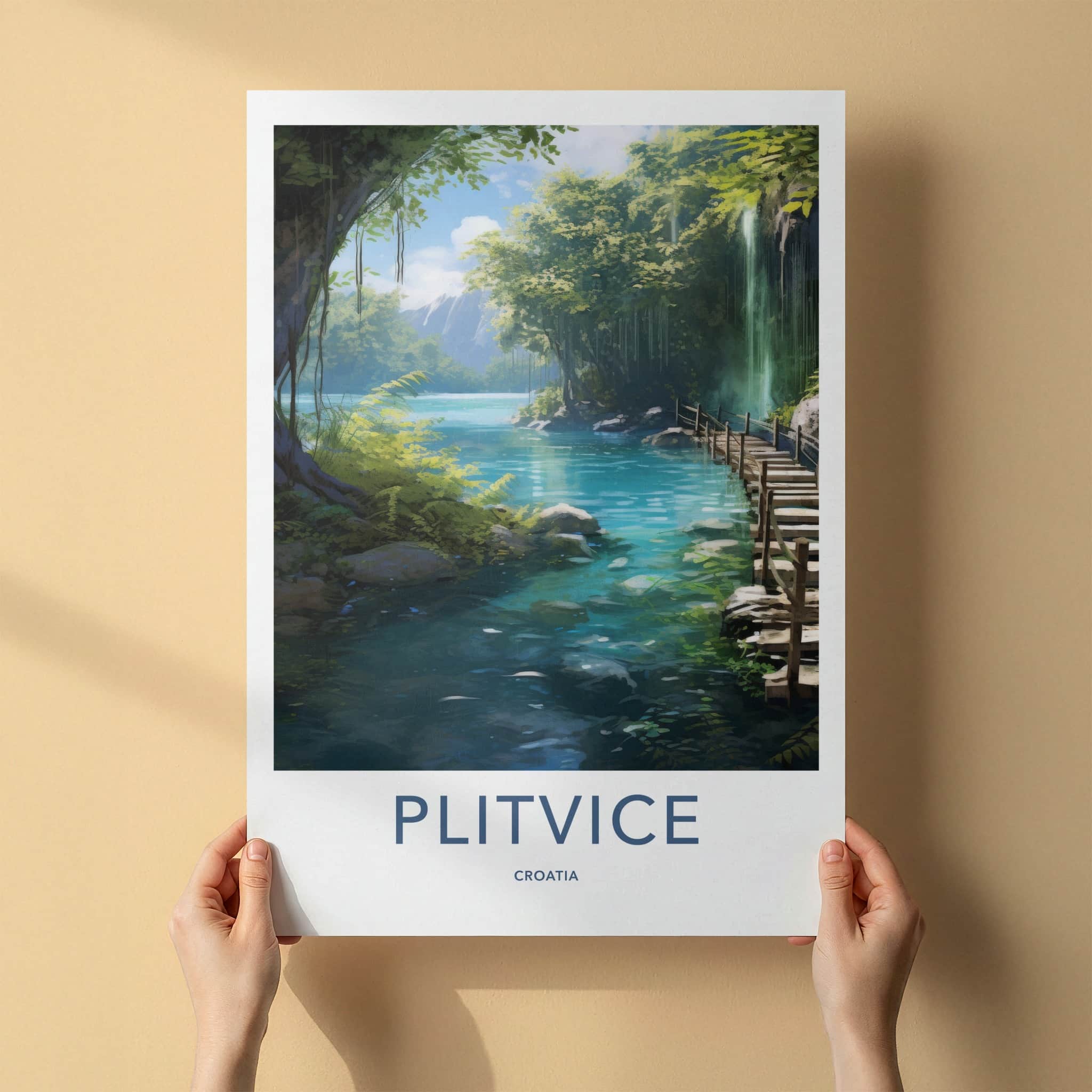 Plitvice Poster - Croatia Travel Art - Wooden Path Waterfall Home Decor