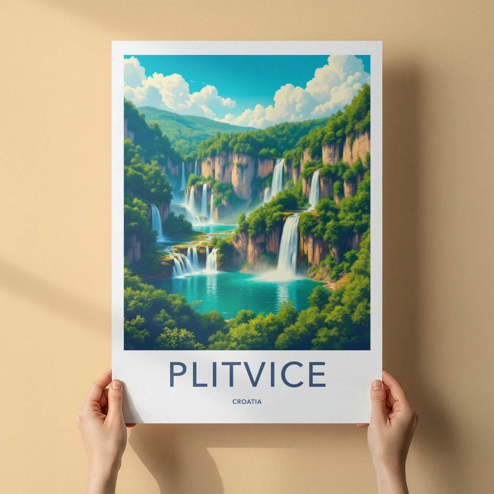 Plitvice Poster - Croatia Travel Print - Cascading Green Waterfalls Home Decor