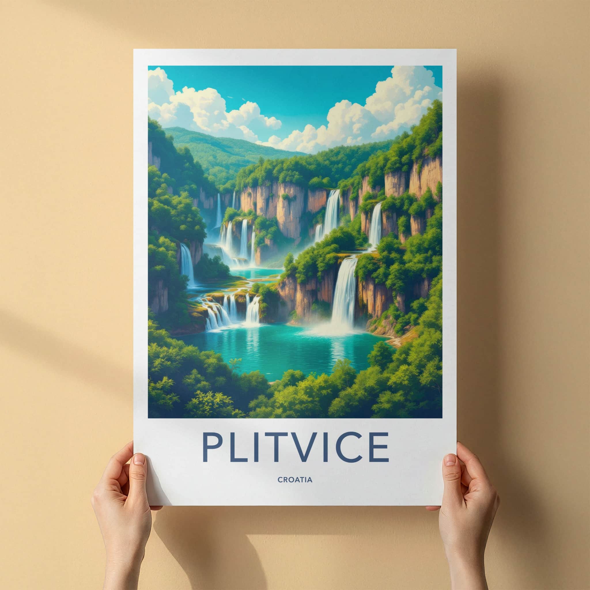 Plitvice Poster - Croatia Travel Print - Cascading Green Waterfalls Home Decor