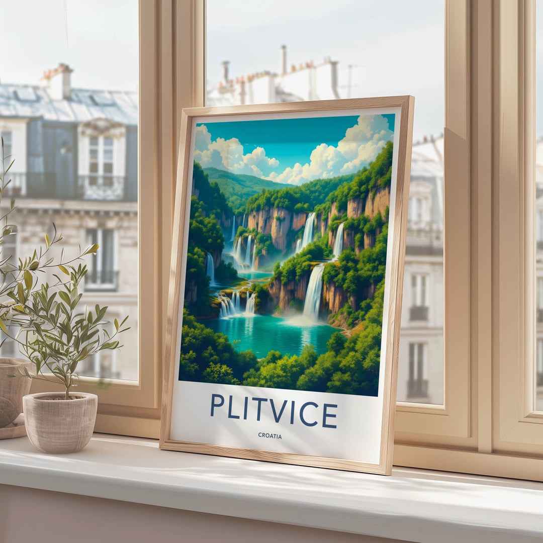 Plitvice Poster - Croatia Travel Print - Cascading Green Waterfalls Home Decor