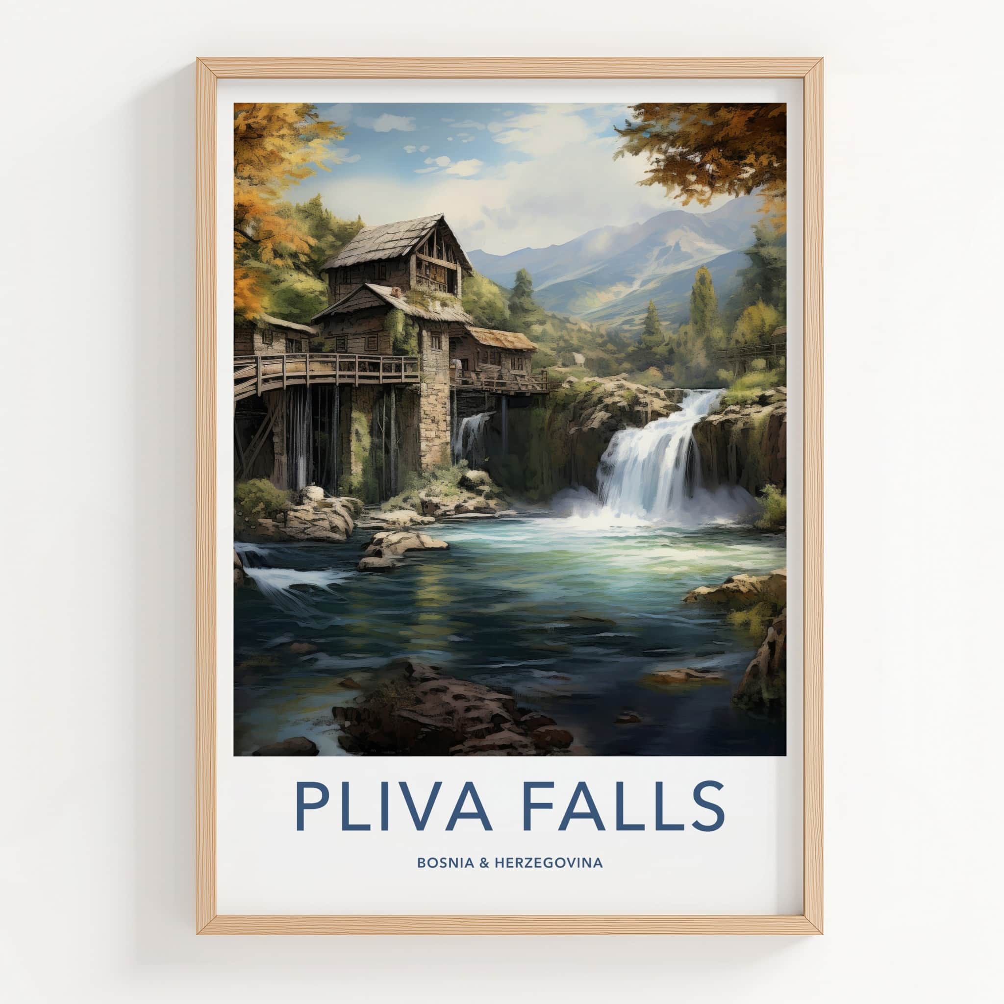 Pliva Falls Poster - Bosnia Herzegovina Travel Art - Historic Water Mills Home Decor