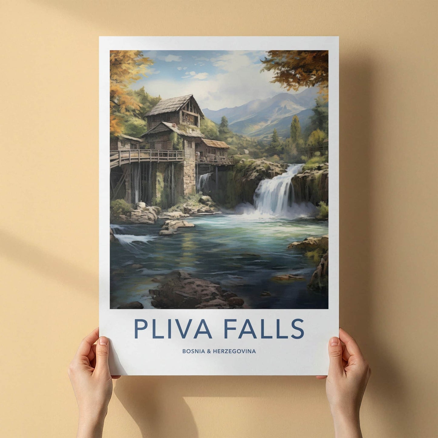 Pliva Falls Poster - Bosnia Herzegovina Travel Art - Historic Water Mills Home Decor