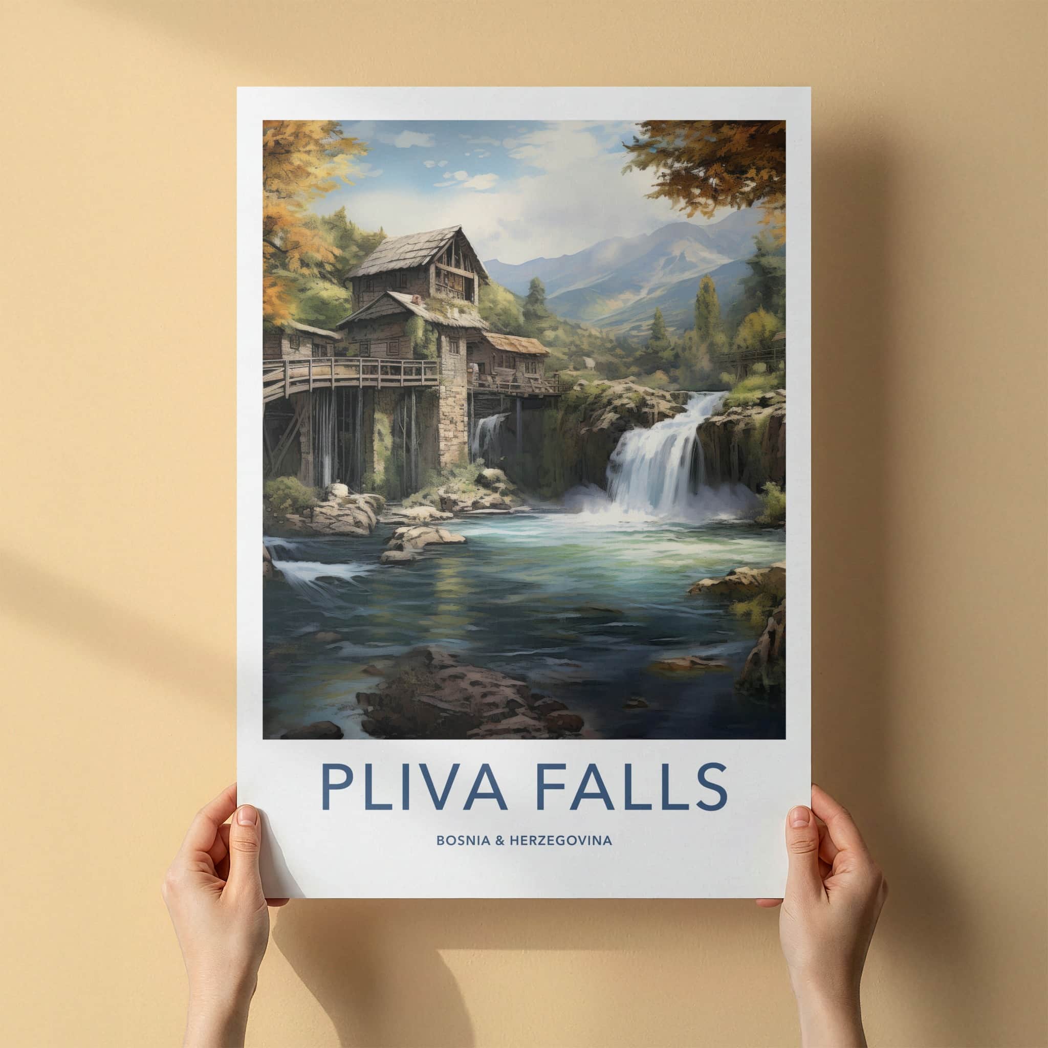 Pliva Falls Poster - Bosnia Herzegovina Travel Art - Historic Water Mills Home Decor