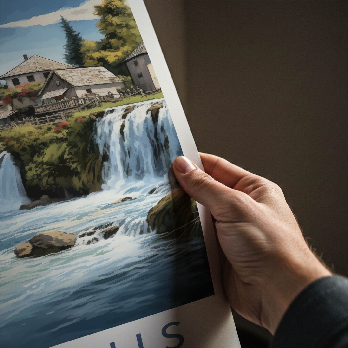 Pliva Falls Poster - Bosnia Herzegovina Wall Art - Riverside houses falls Home Decor