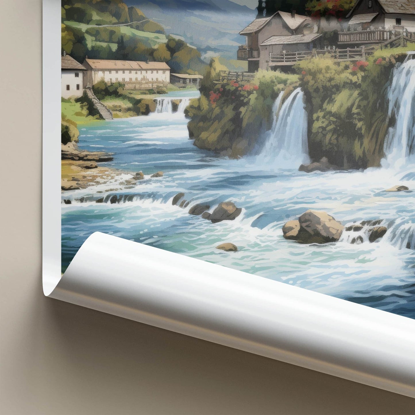 Pliva Falls Poster - Bosnia Herzegovina Wall Art - Riverside houses falls Home Decor