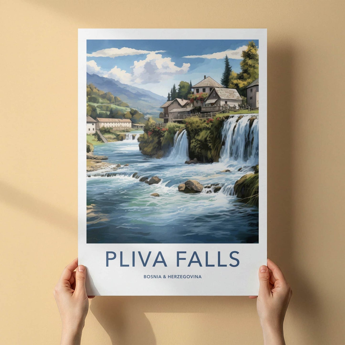 Pliva Falls Poster - Bosnia Herzegovina Wall Art - Riverside houses falls Home Decor