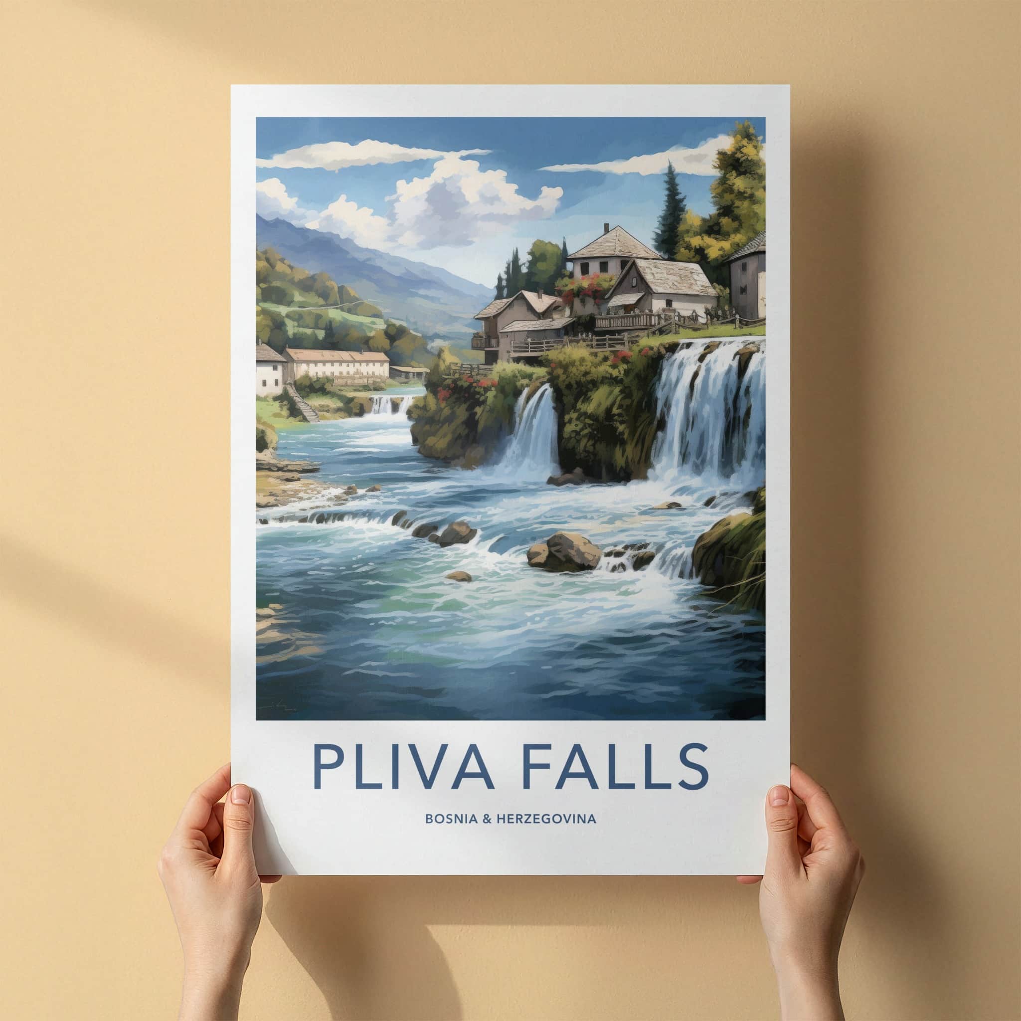 Pliva Falls Poster - Bosnia Herzegovina Wall Art - Riverside houses falls Home Decor