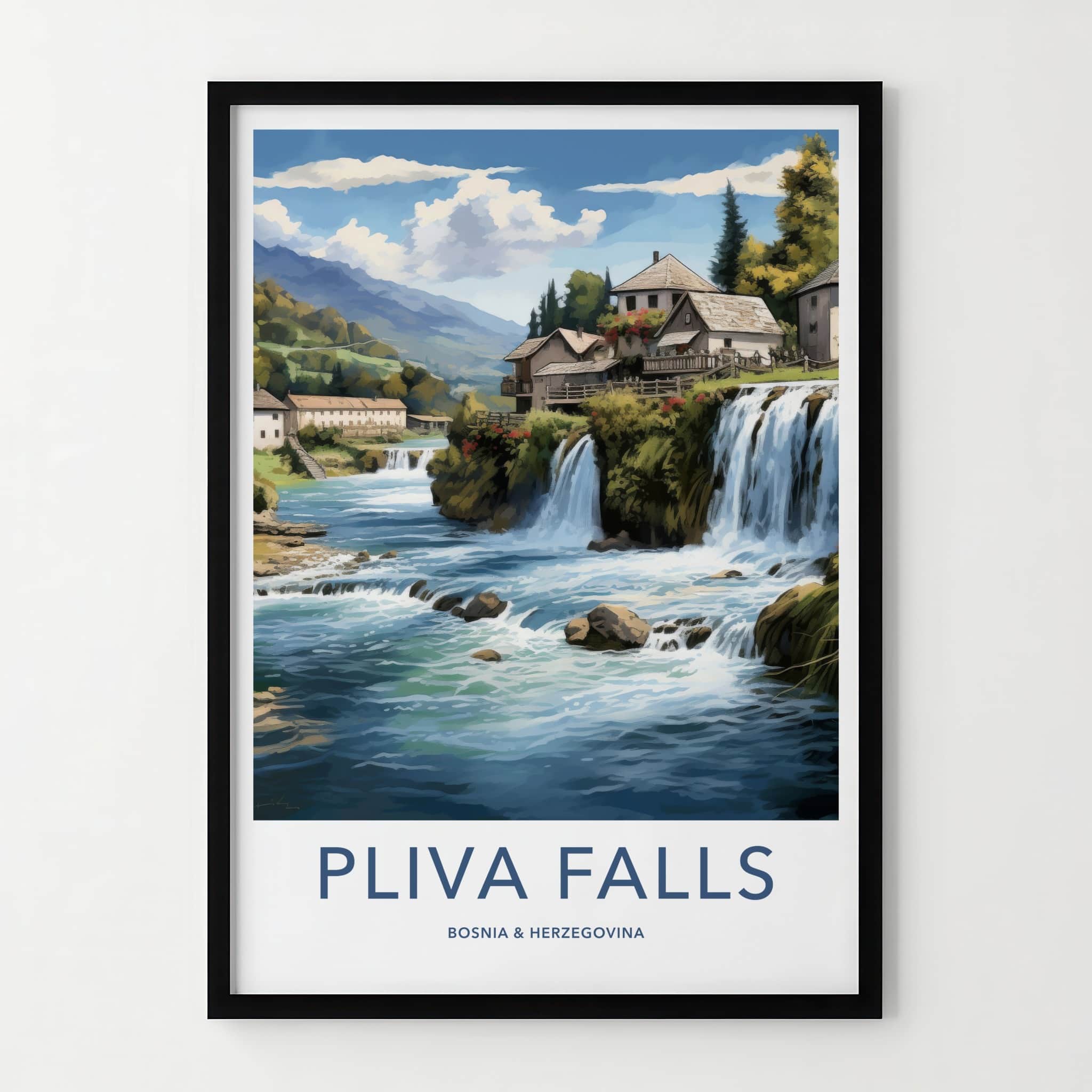 Pliva Falls Poster - Bosnia Herzegovina Wall Art - Riverside houses falls Home Decor