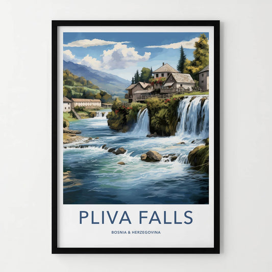 Pliva Falls Poster - Bosnia Herzegovina Wall Art - Riverside houses falls Home Decor