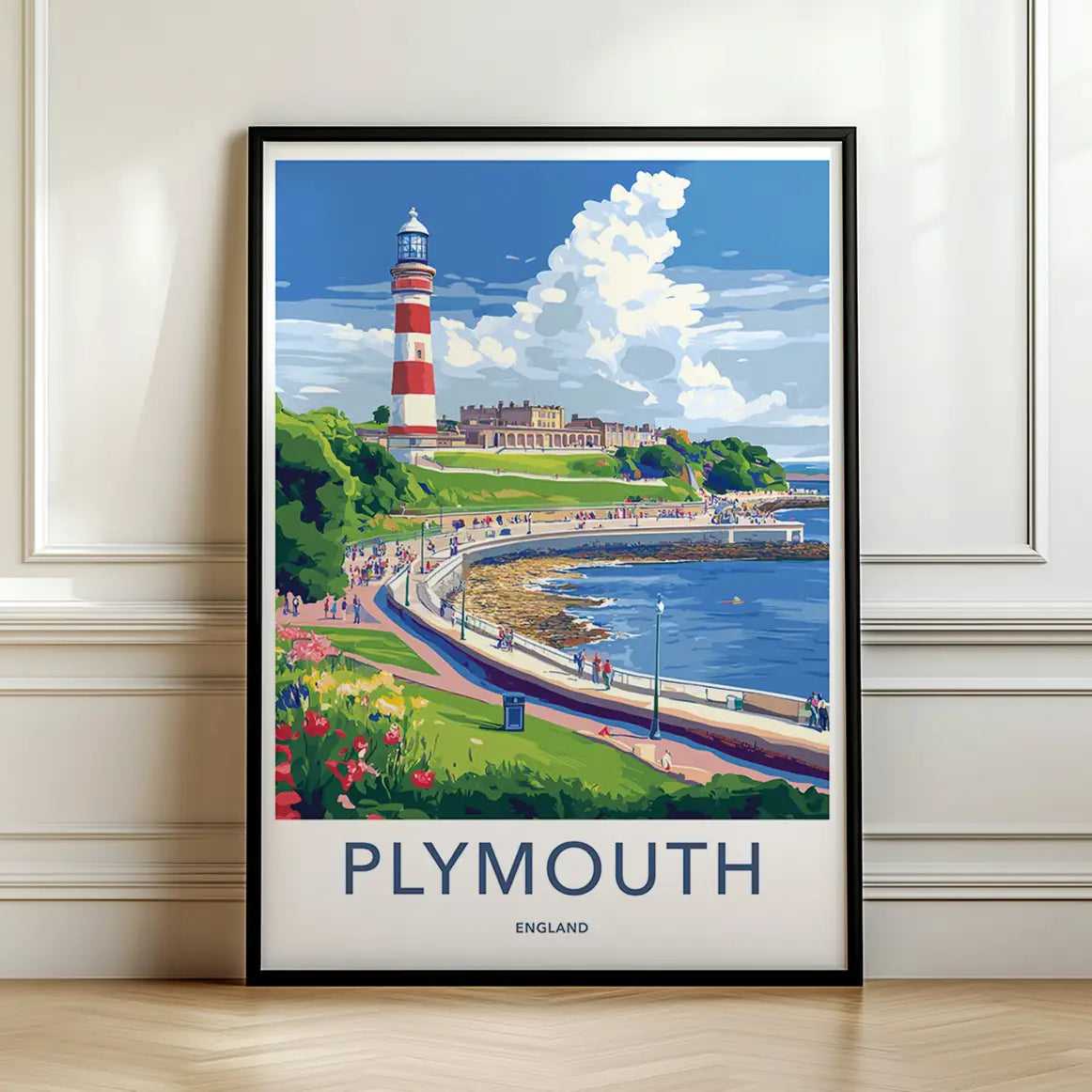 Framed artwork of Plymouth, England with a lighthouse and coastal scene.
