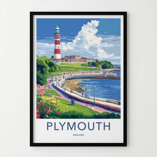 Plymouth Poster - England Travel Art - Historic Coastal Lighthouse Home Decor