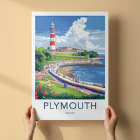 Plymouth Poster - England Travel Art - Historic Coastal Lighthouse Home Decor