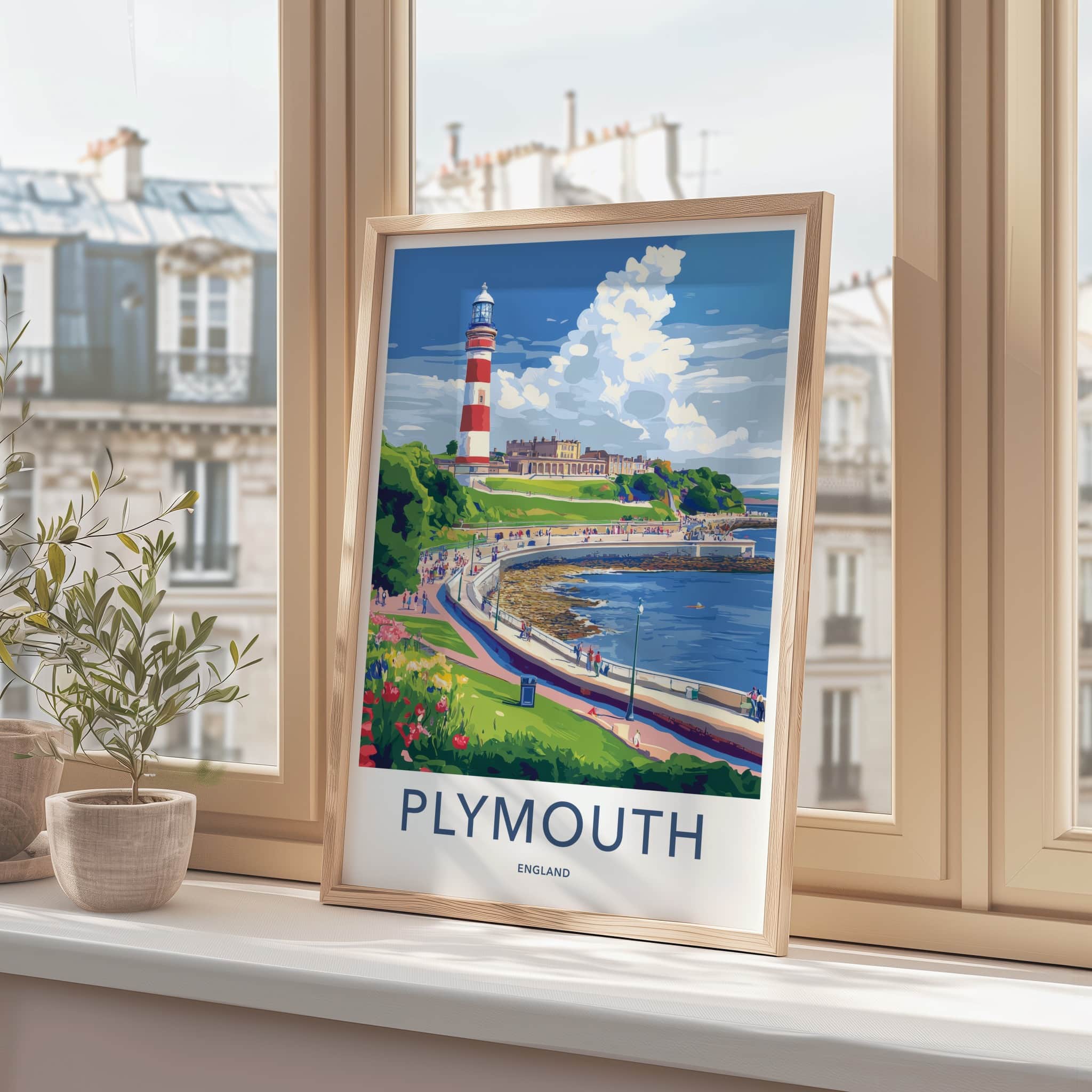 Plymouth Poster - England Travel Art - Historic Coastal Lighthouse Home Decor