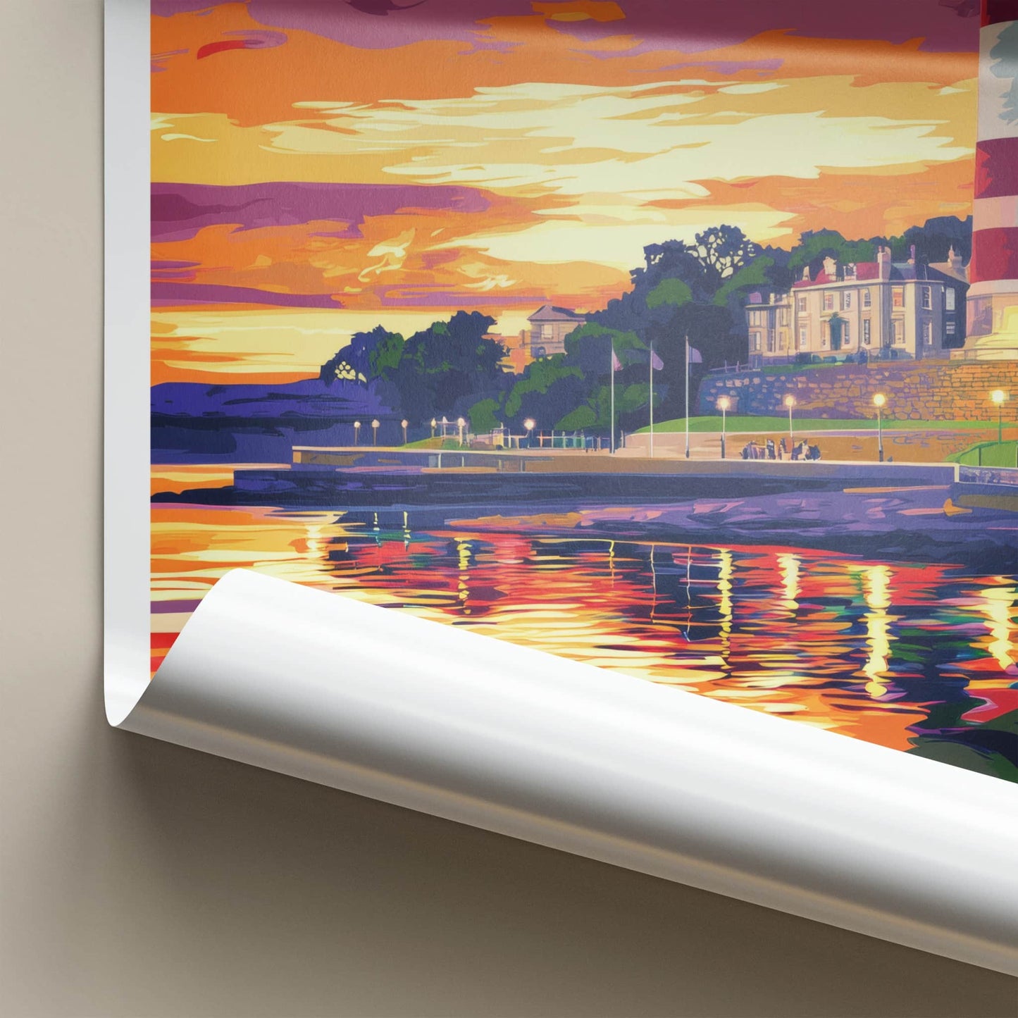 Plymouth Poster - England Travel Art - Lighthouse Sunset Reflections Home Decor