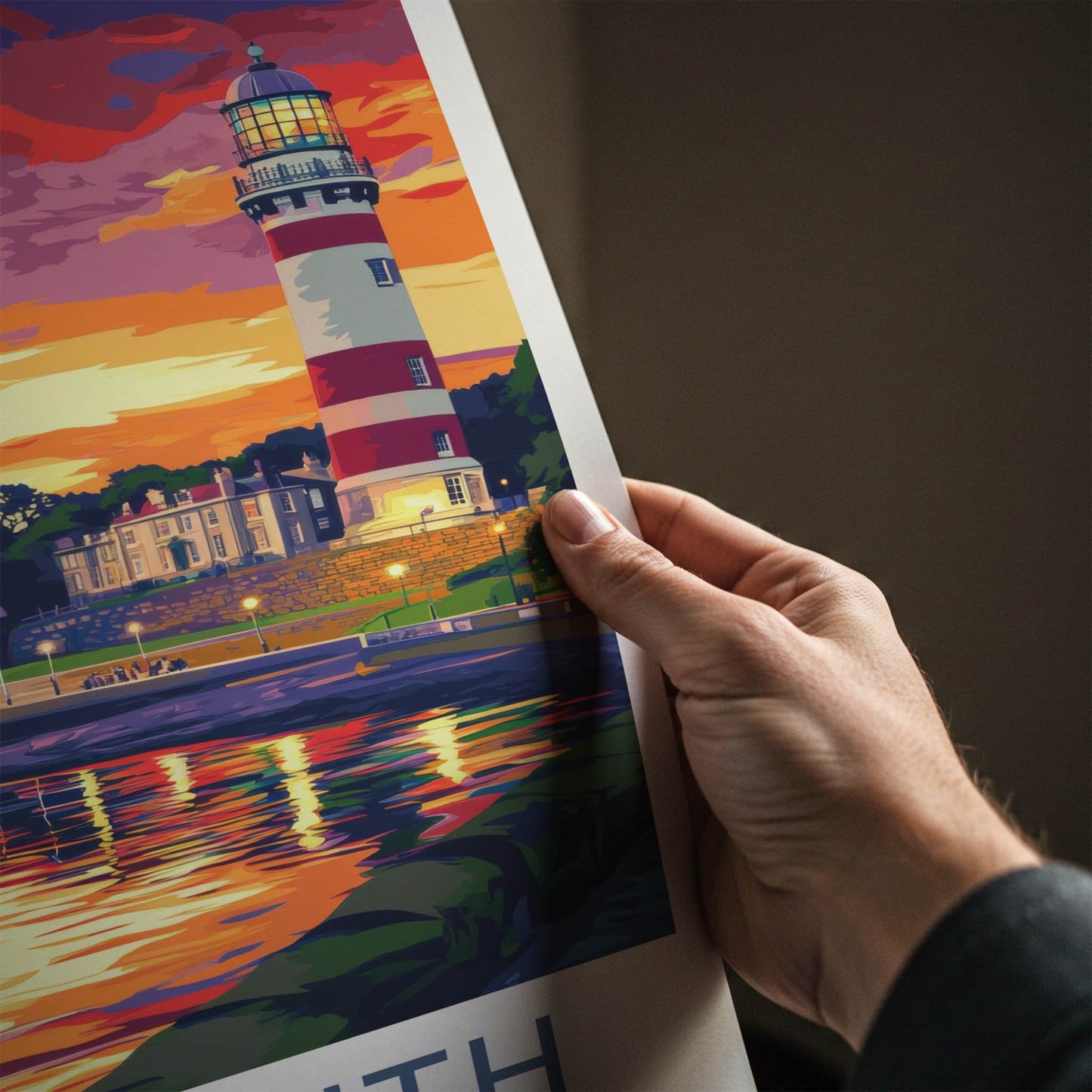 Plymouth Poster - England Travel Art - Lighthouse Sunset Reflections Home Decor