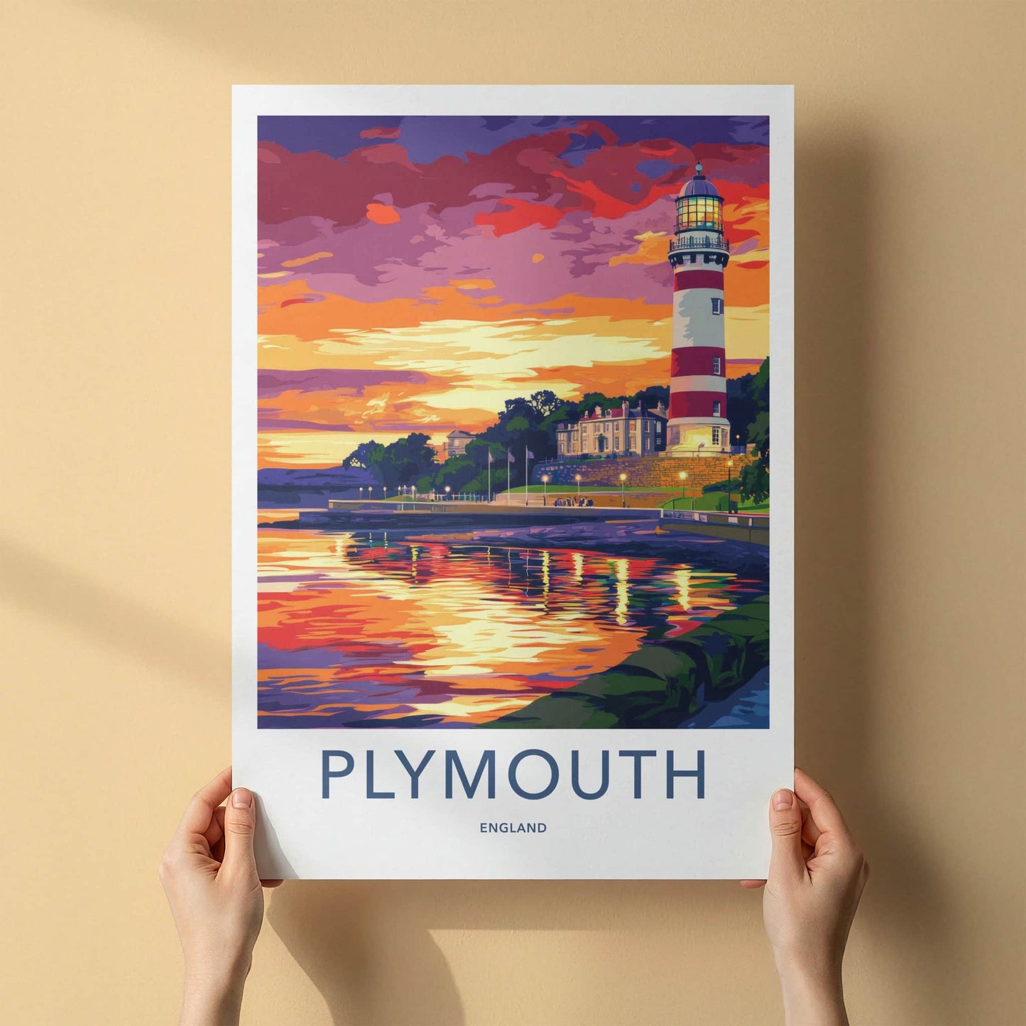 Plymouth Poster - England Travel Art - Lighthouse Sunset Reflections Home Decor