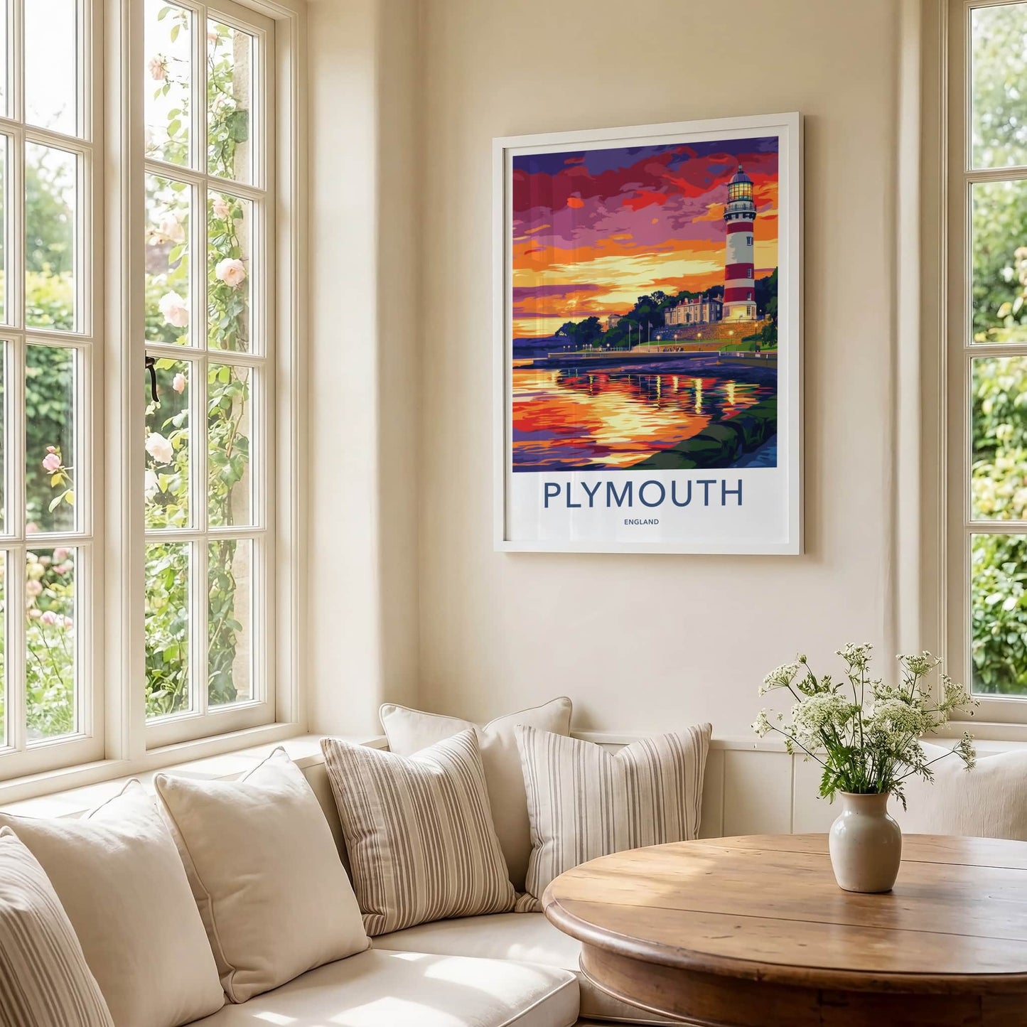 Plymouth Poster - England Travel Art - Lighthouse Sunset Reflections Home Decor
