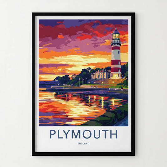 Plymouth Poster - England Travel Art - Lighthouse Sunset Reflections Home Decor