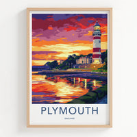 Plymouth Poster - England Travel Art - Lighthouse Sunset Reflections Home Decor
