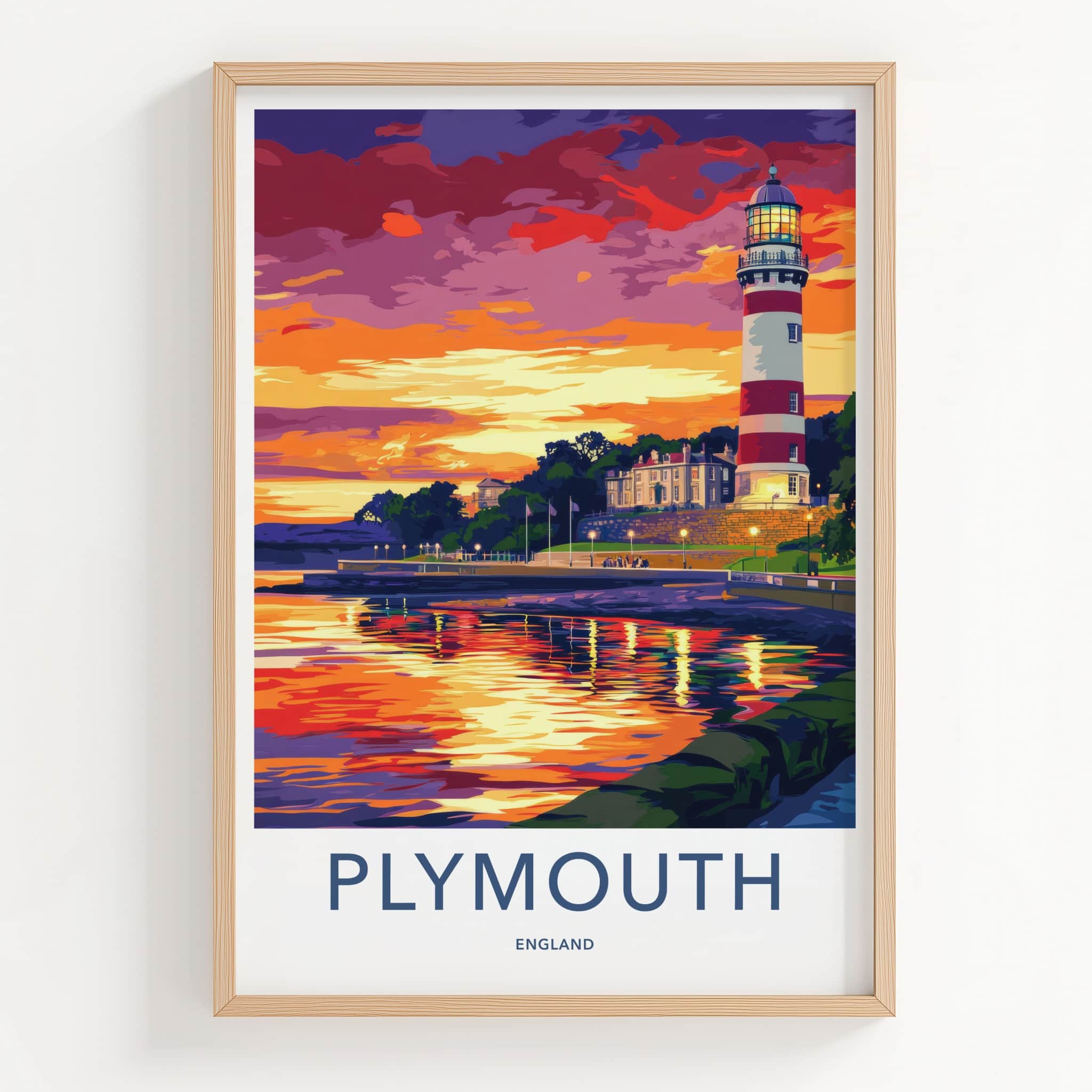 Plymouth Poster - England Travel Art - Lighthouse Sunset Reflections Home Decor