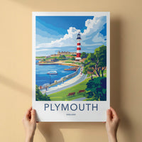 Plymouth Poster - England Travel Art - Red Striped Lighthouse Wall Decor