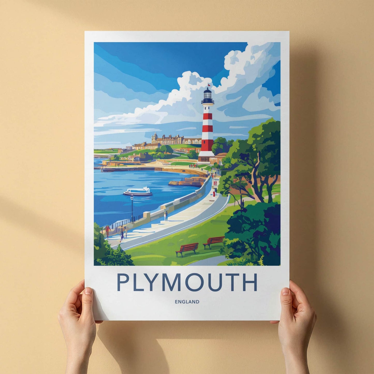 Plymouth Poster - England Travel Art - Red Striped Lighthouse Wall Decor