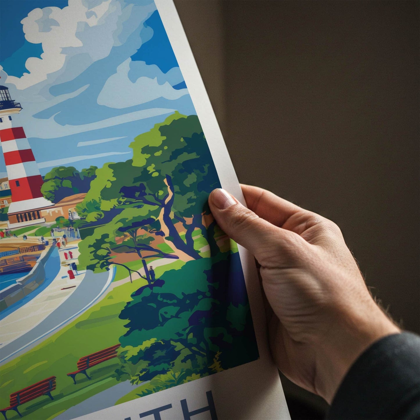 Plymouth Poster - England Travel Art - Red Striped Lighthouse Wall Decor