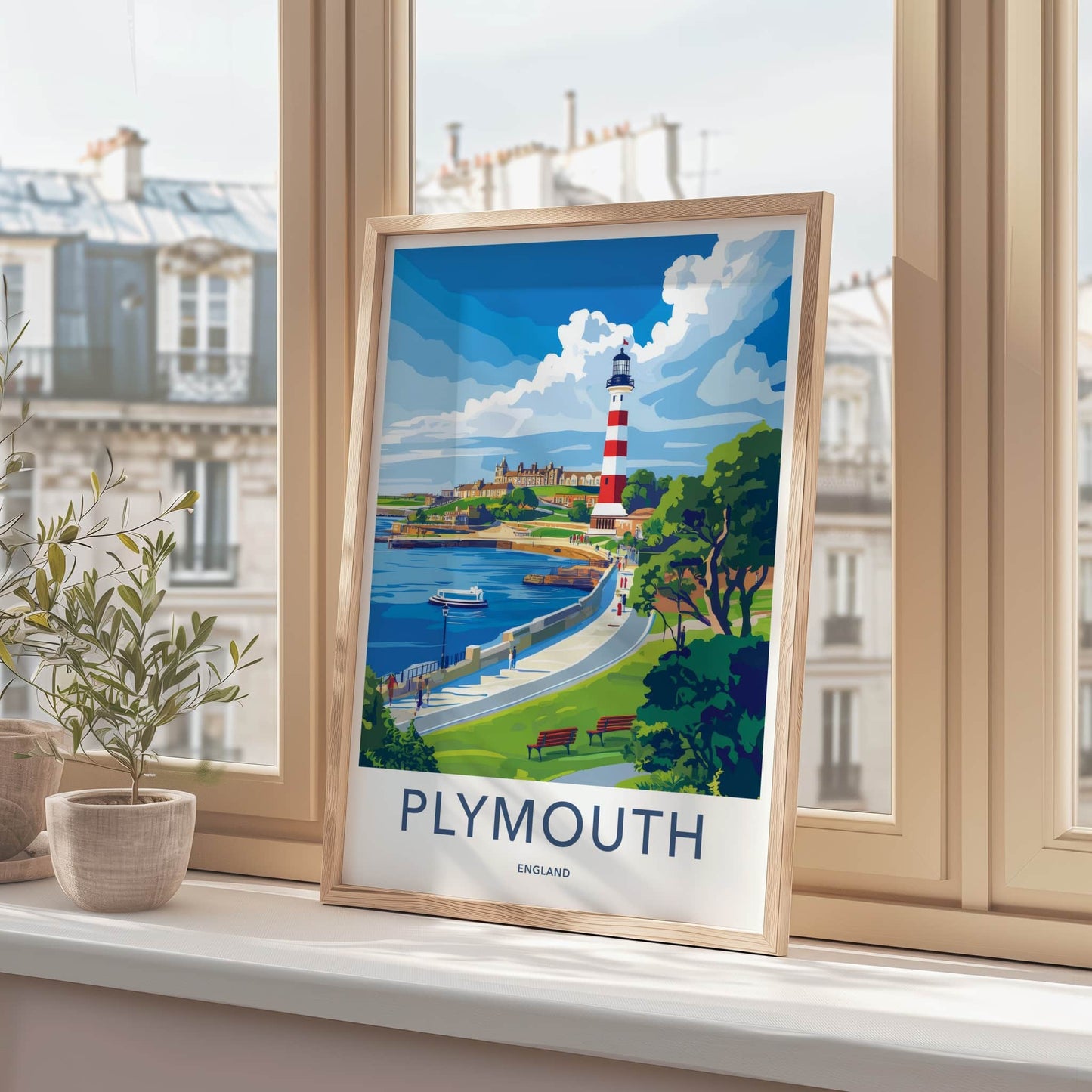 Plymouth Poster - England Travel Art - Red Striped Lighthouse Wall Decor