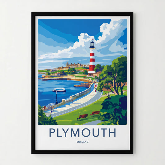 Plymouth Poster - England Travel Art - Red Striped Lighthouse Wall Decor