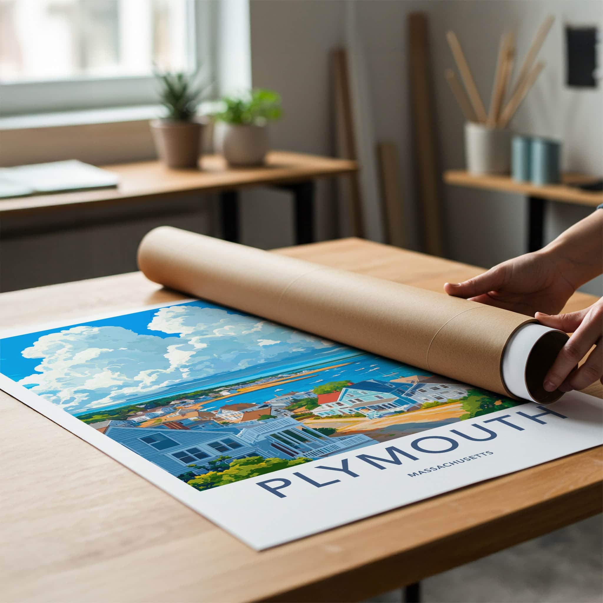 Plymouth Poster - Massachusetts Travel Art - Coastal Townscape Bay Home Decor