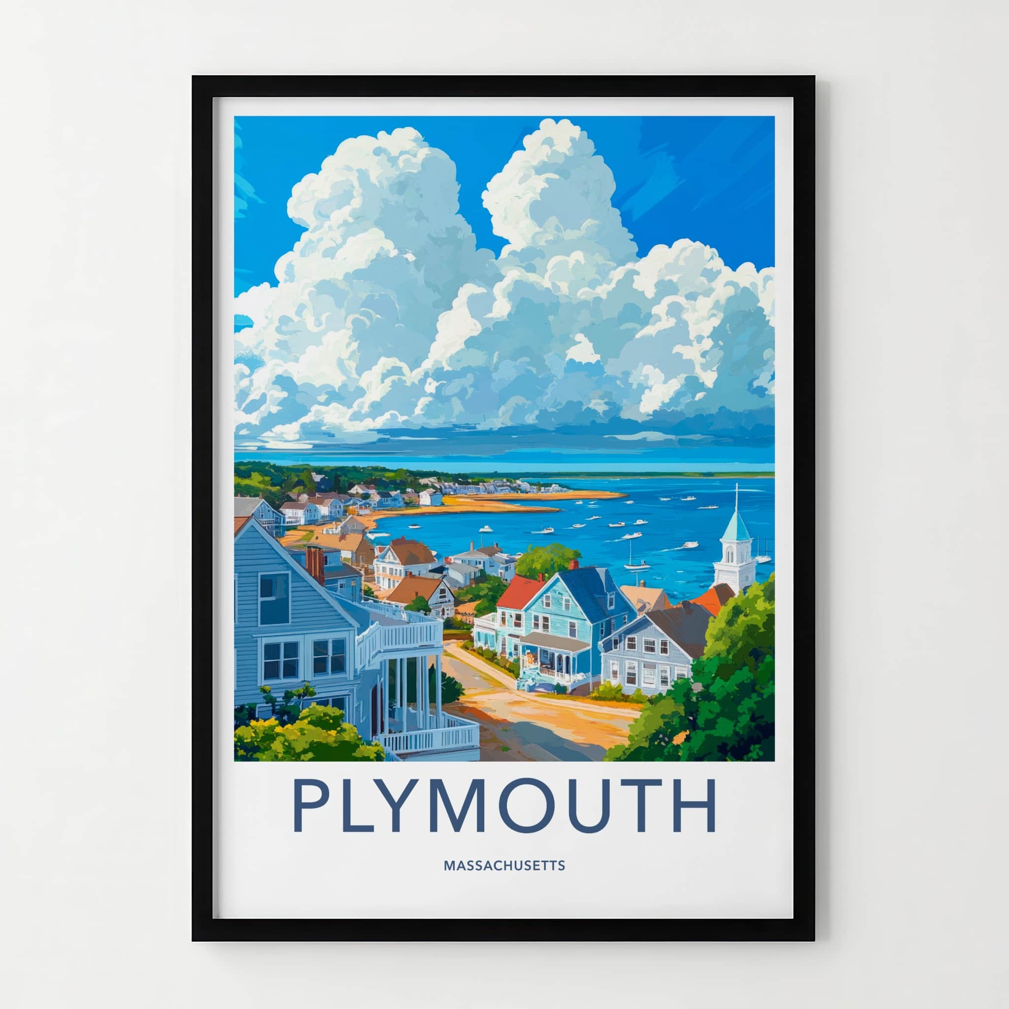 Plymouth Poster - Massachusetts Travel Art - Coastal Townscape Bay Home Decor