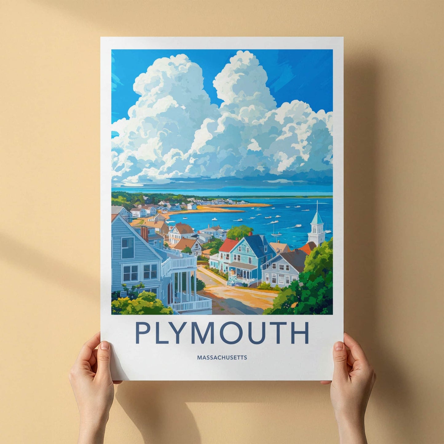 Plymouth Poster - Massachusetts Travel Art - Coastal Townscape Bay Home Decor