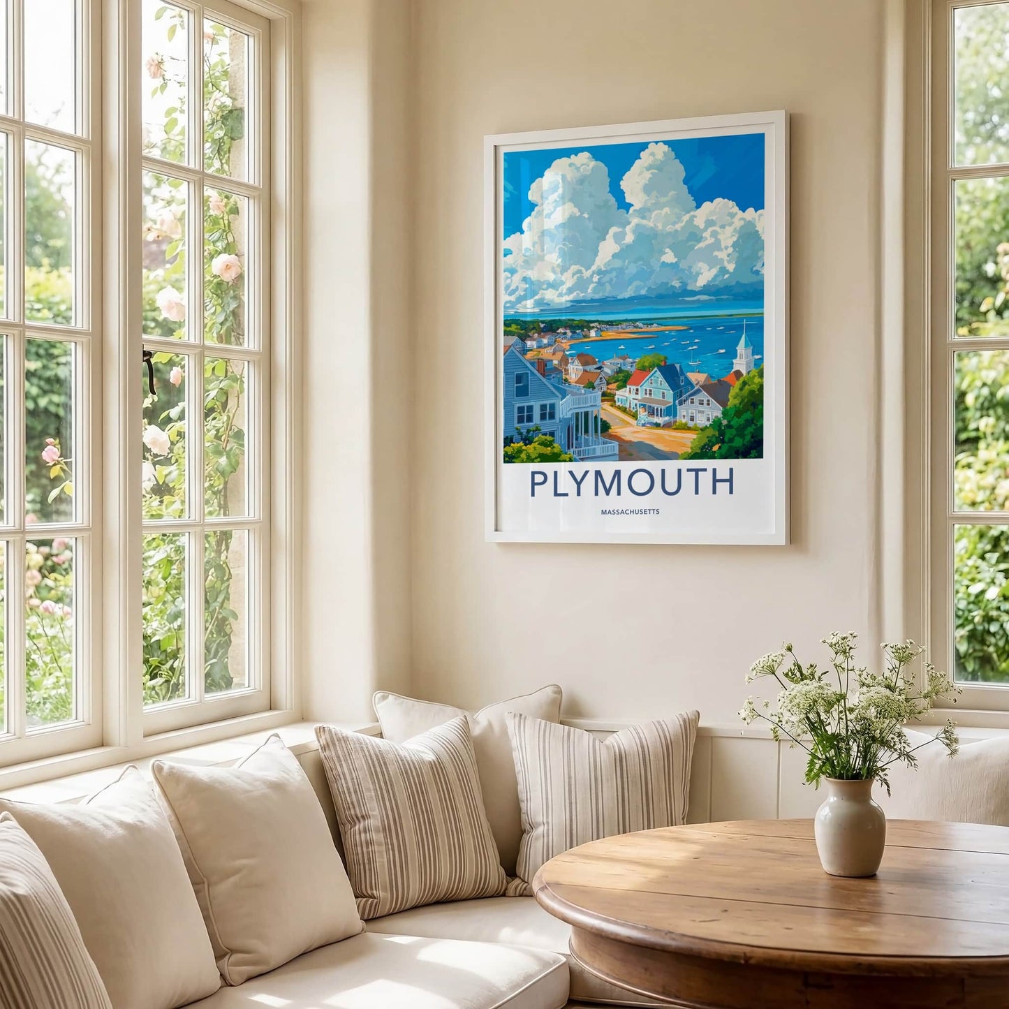 Plymouth Poster - Massachusetts Travel Art - Coastal Townscape Bay Home Decor