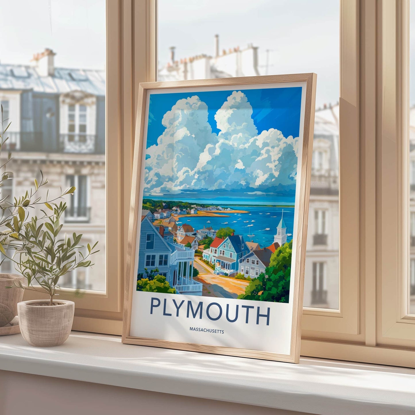 Plymouth Poster - Massachusetts Travel Art - Coastal Townscape Bay Home Decor